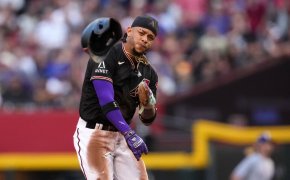 Arizona Diamondbacks second baseman Ketel Marte throws his helmet in disgust